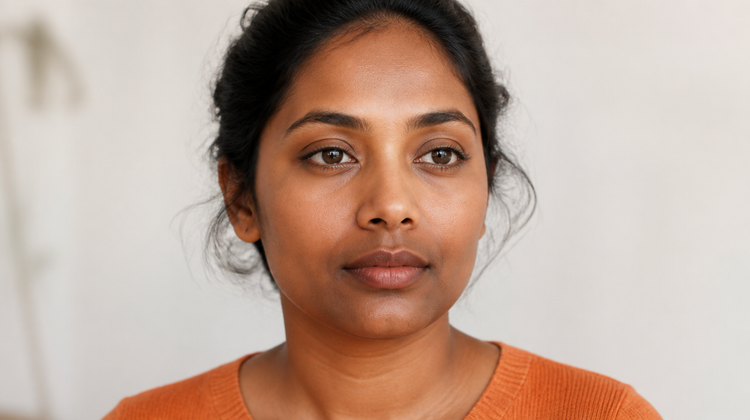 Close portrait of an Indian woman with warm brown skin showing soft pigmentation around the mouth and chin