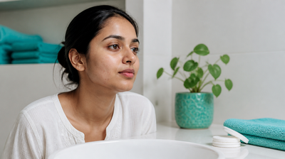 Indian woman at a white bathroom basin at the end of the day with cotton pads and mint-green towels on the counter