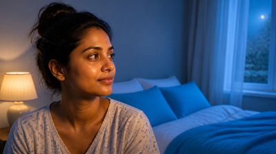 Indian woman sitting on the edge of her bed at night after her evening skincare routine, blue bedding lit by moonlight