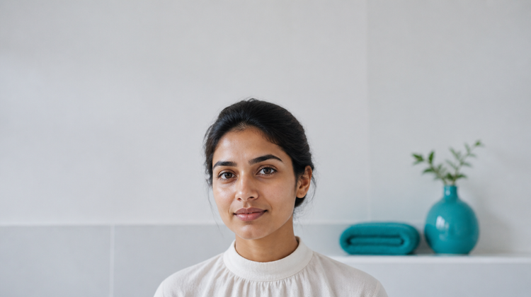 Indian woman with warm brown skin in a bright minimal bathroom, calm freshly cleansed skin, teal towel and vase in the background