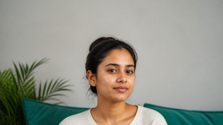 Young Indian woman with acne-prone skin showing a few small healing spots and faint post-acne marks in soft morning daylight