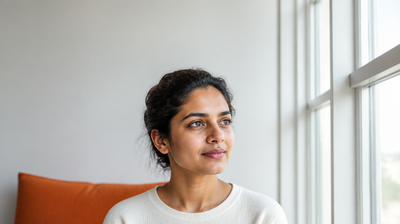 Indian woman assessing her bare skin in bright natural daylight beside a window, warm orange cushion in the background