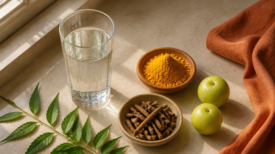 Ayurvedic herbs for skin pigmentation — manjistha root, amla, turmeric and neem beside a glass of water