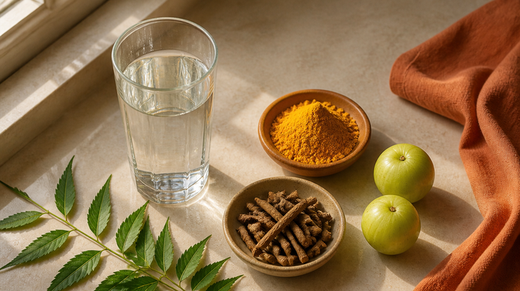 Ayurvedic herbs for skin pigmentation — manjistha root, amla, turmeric and neem beside a glass of water