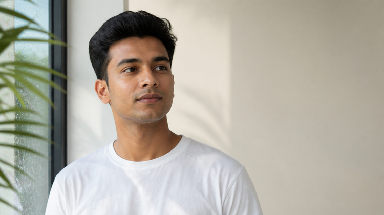 Young Indian man with clear, healthy skin standing beside a rain-flecked window on a humid monsoon morning