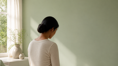 Indian woman seated by a window in a calm sage-green room, seen from behind in soft morning light