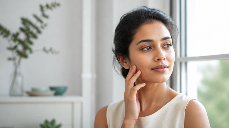 Indian woman with warm brown skin resting her fingertips on her cheek beside a bright window in a clean, minimal home