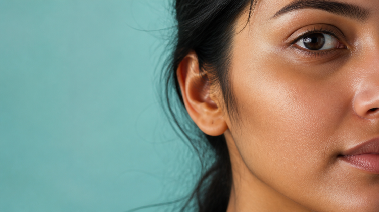 Close-up of an Indian woman's cheek and jawline in soft daylight, showing natural, even skin texture and visible pores