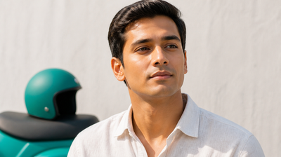 Clean-shaven Indian man beside a parked scooter with his helmet resting on the seat, jawline and chin clearly visible