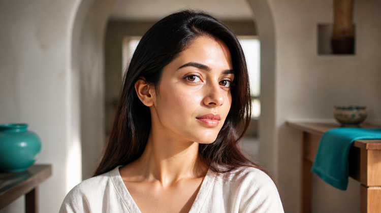 A close portrait of an Indian woman in raking daylight, showing the natural surface texture of real, healthy skin across her cheek.