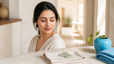 A pale jade gua sha stone resting on folded linen on a stone counter, with an Indian woman relaxing by a sunlit doorway behind.