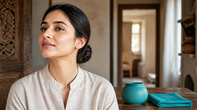 An Indian woman with calm, clear skin in soft daylight, chin lifted so her jawline and the area beneath the jaw are lit — the zone where jawline acne appears.