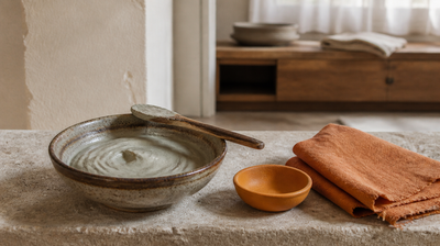 A handmade ceramic bowl of freshly mixed clay face pack with a wooden spoon resting on the rim, beside a terracotta dish and folded linen on a stone ledge.