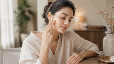 Indian woman patting a drop of serum along her cheek and jawline at a teak table in soft morning light
