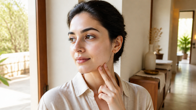 Indian woman with clean, evenly toned skin standing in a bright sunlit doorway