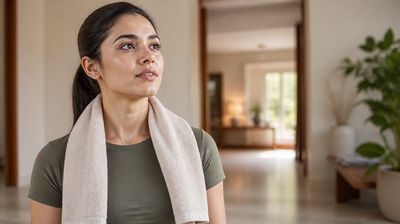 Indian woman with a cotton towel around her neck after a workout, standing in a bright home doorway