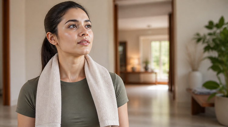 Indian woman with a cotton towel around her neck after a workout, standing in a bright home doorway