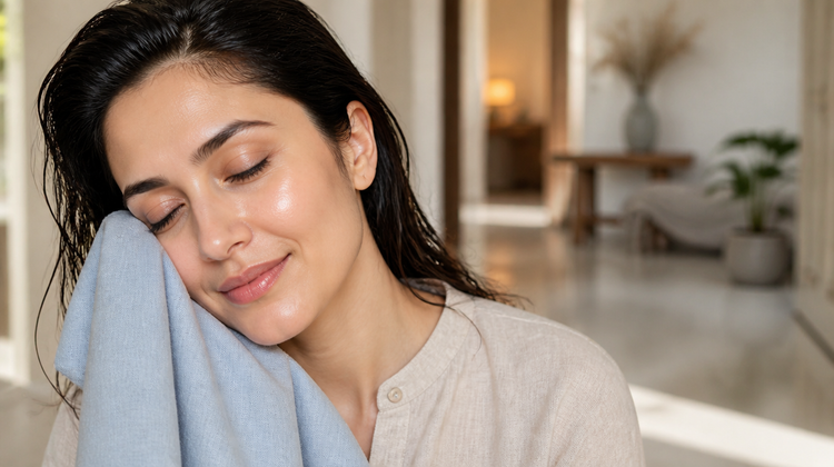 Indian woman fresh from a shower patting her face dry with a soft pale-blue linen cloth
