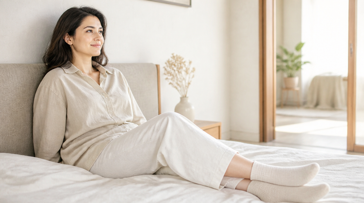 Indian woman resting on a bed wearing soft cotton socks, the overnight step that seals moisturiser into dry heels