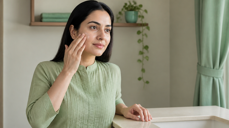 Indian woman in a sage-green kurta pressing a clear exfoliating treatment into her cheek at a washbasin, illustrating how to introduce a glycolic or salicylic acid into a routine
