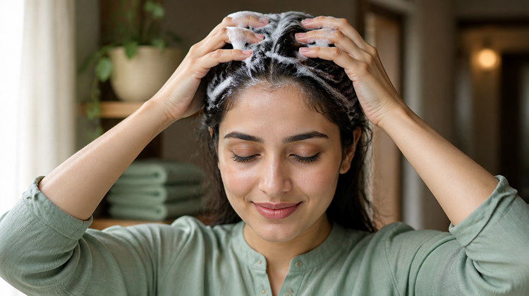 Indian woman working shampoo lather into her scalp with the fingertips of both hands, illustrating the washing routine that helps clear scalp acne