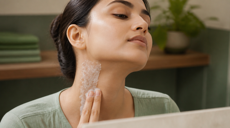 Indian woman with her chin lifted sweeping foam cleanser down the side of her neck, illustrating how to extend a cleansing routine past the jawline to clear neck acne