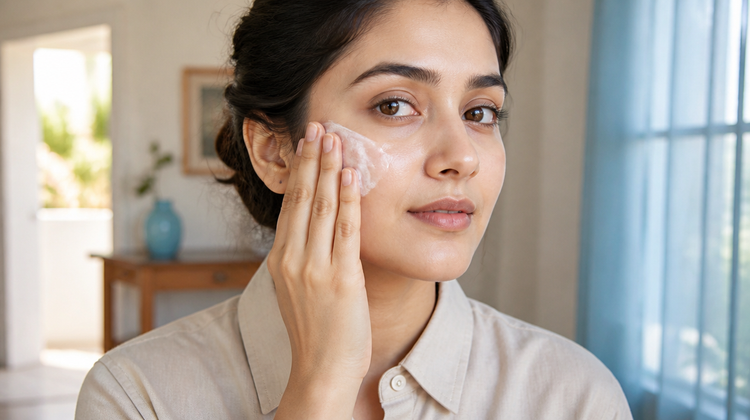 Indian woman pressing sunscreen into her cheek with flat fingers by a bright window, an unblended film still visible on the cheekbone, illustrating why sunscreen pills and how to apply it