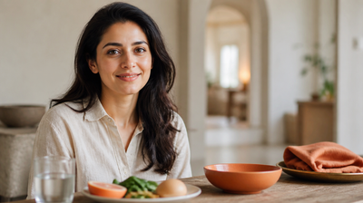 Indian woman at a sunlit breakfast table with a glass of water and a plate of leafy greens, citrus and eggs, the nutrition that prevents vitamin deficiencies showing on skin