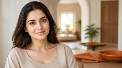 Indian woman turned towards morning window light with her face, neck and collarbone in the same frame, showing even tone between face and body