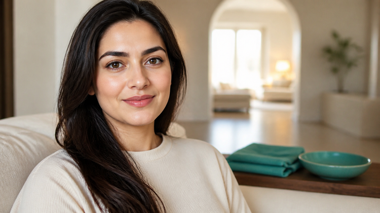 Indian woman at home in warm light with clear, calm skin around the mouth, chin and jawline, the area affected by perioral breakouts