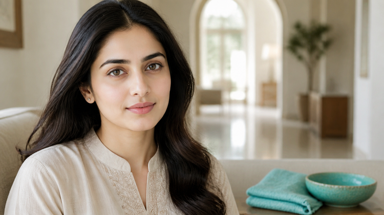 Indian woman with clear, even skin sitting in soft morning daylight at home, illustrating how to choose the right salicylic acid strength for your skin