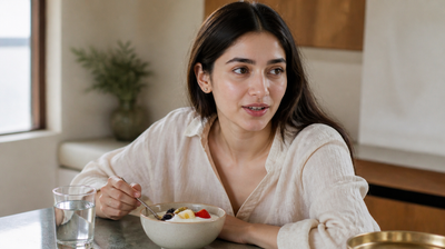 An Indian woman eating a bowl of curd and fresh fruit with a glass of water at a sunlit kitchen counter