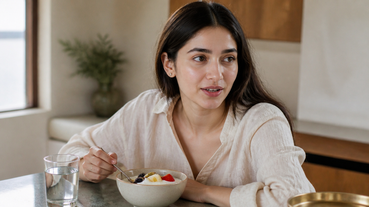 An Indian woman eating a bowl of curd and fresh fruit with a glass of water at a sunlit kitchen counter