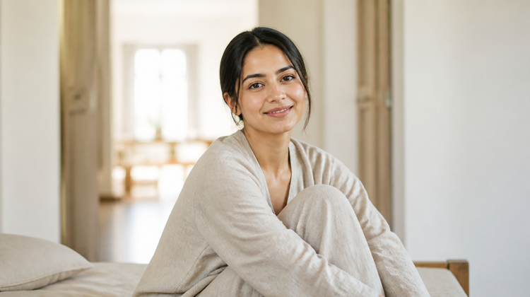 An Indian woman relaxing at home in soft breathable cotton loungewear after a shower, in a bright sunlit bedroom