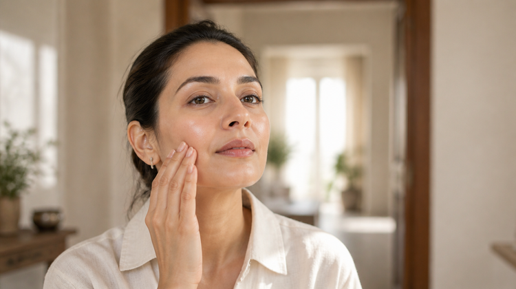 An Indian woman in her thirties pressing skincare into her cheek with her fingertips in bright morning light