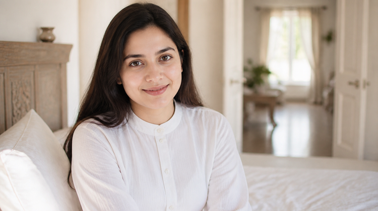A rested Indian woman sitting up on a bed with crisp freshly laundered white cotton bedding in soft morning light