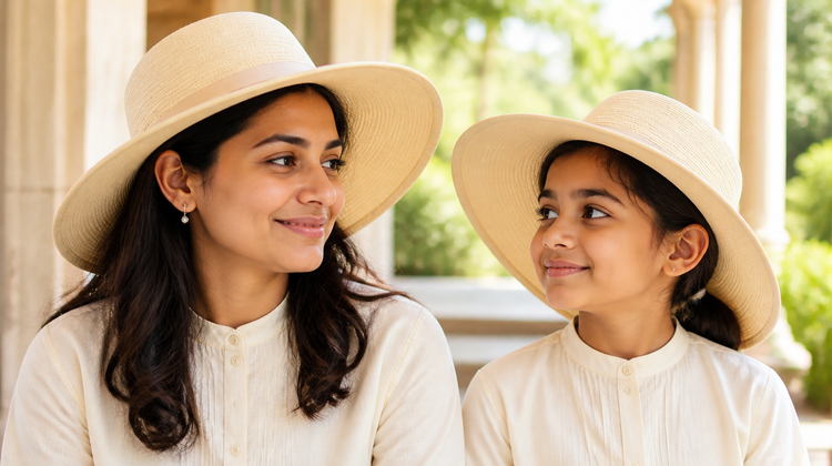 An Indian mother and her young daughter wearing wide-brimmed cotton sun hats on a shaded sunlit veranda