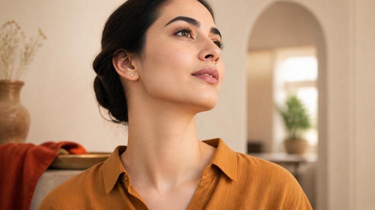 Indian woman with chin raised in warm afternoon light, neck clearly visible and even in tone with her face