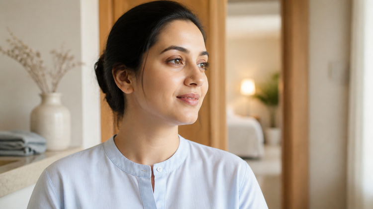 Indian woman with freshly hydrated, comfortable-looking skin in bright daylight, wearing a pale blue shirt