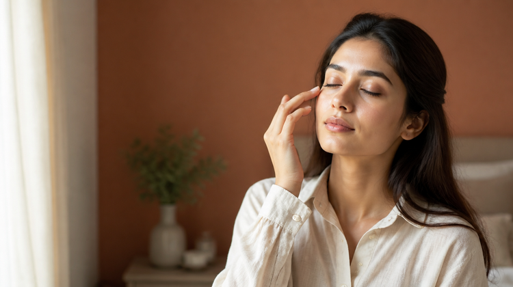 Indian woman pressing sunscreen gently around her eye area in soft morning window light