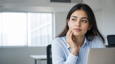 Indian woman at an air-conditioned office desk checking how tight and dry her skin feels