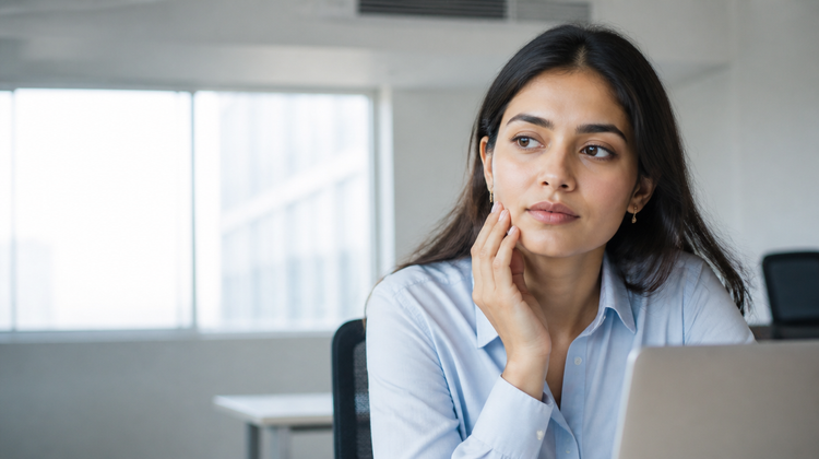 Indian woman at an air-conditioned office desk checking how tight and dry her skin feels