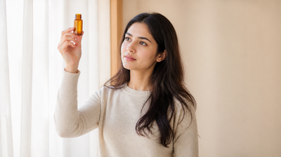 Indian woman holding a small amber glass vial up to daylight to check whether its colour has changed