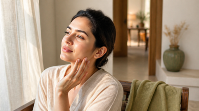 An Indian woman sits beside a sheer-curtained window, fingertips resting lightly along her jaw and chin, checking how her skin feels after cleansing.