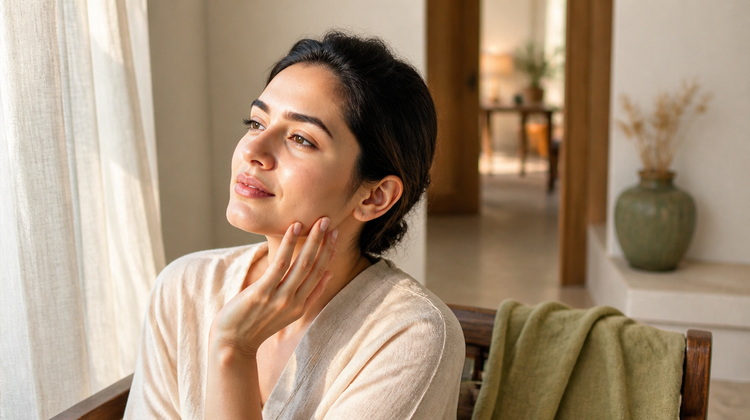 An Indian woman sits beside a sheer-curtained window, fingertips resting lightly along her jaw and chin, checking how her skin feels after cleansing.
