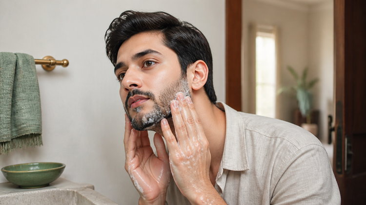 An Indian man with a neat short beard works cleanser lather through his beard with both hands at a honed-stone basin, reaching the skin underneath.