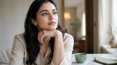 An Indian woman sits at a marble table with her chin resting on the back of her hand, thinking about a breakout that keeps returning to the same spot.
