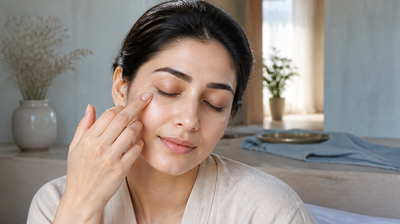 An Indian woman with her eyes closed taps gently along the orbital bone at the outer corner of her eye, in soft morning light.