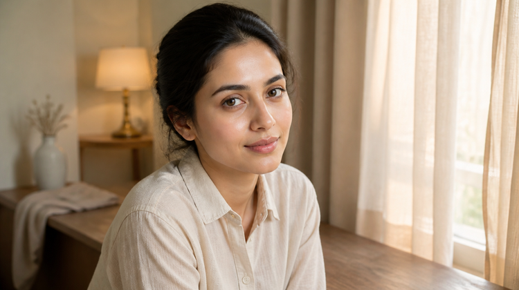 Indian woman with calm, freshly cleansed skin sitting by a window in the evening, in a warm lamp-lit bedroom