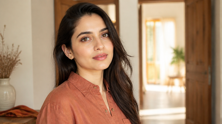 Indian woman with even, luminous skin in bright morning light, standing in a calm room with an open teak doorway behind her